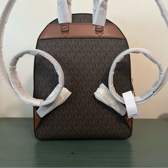 Michael Kors Jaycee Medium Backpack Brown‎ Signature MK Logo Leather Trim - Picture 3 of 9